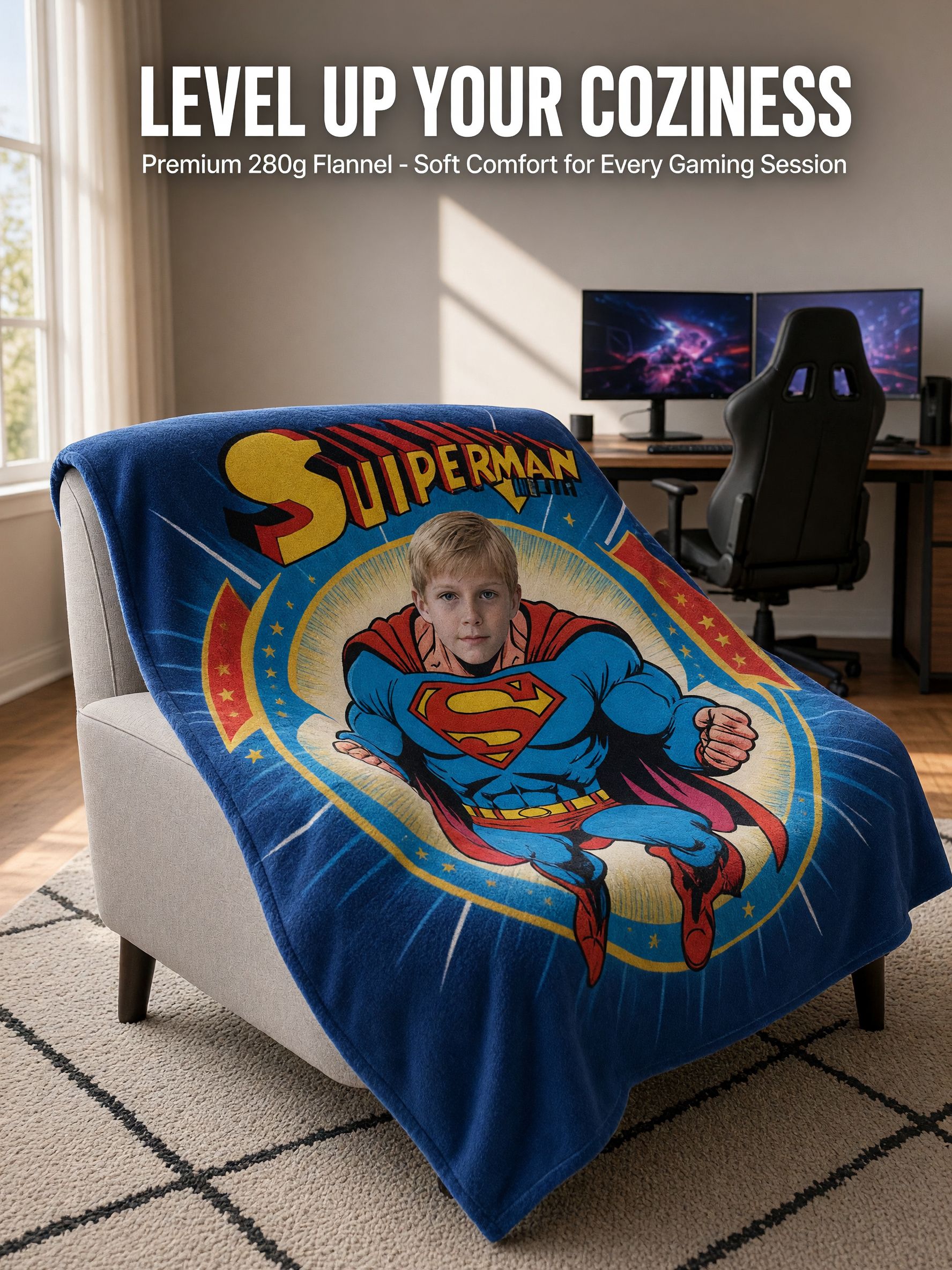 Personalized Superhero Face Photo Blanket Custom Flannel Fleece Throw for Kids and Adults Ideal Cozy Birthday Gift