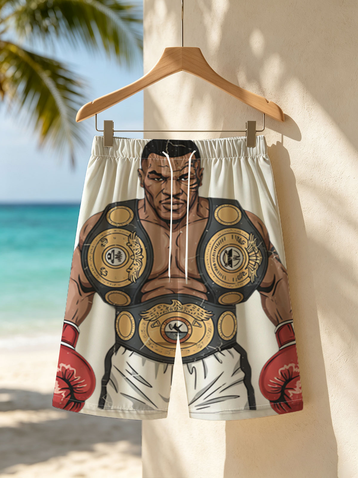 Mike Tyson in Boxing Glory with Championship Belts -  Beach shorts