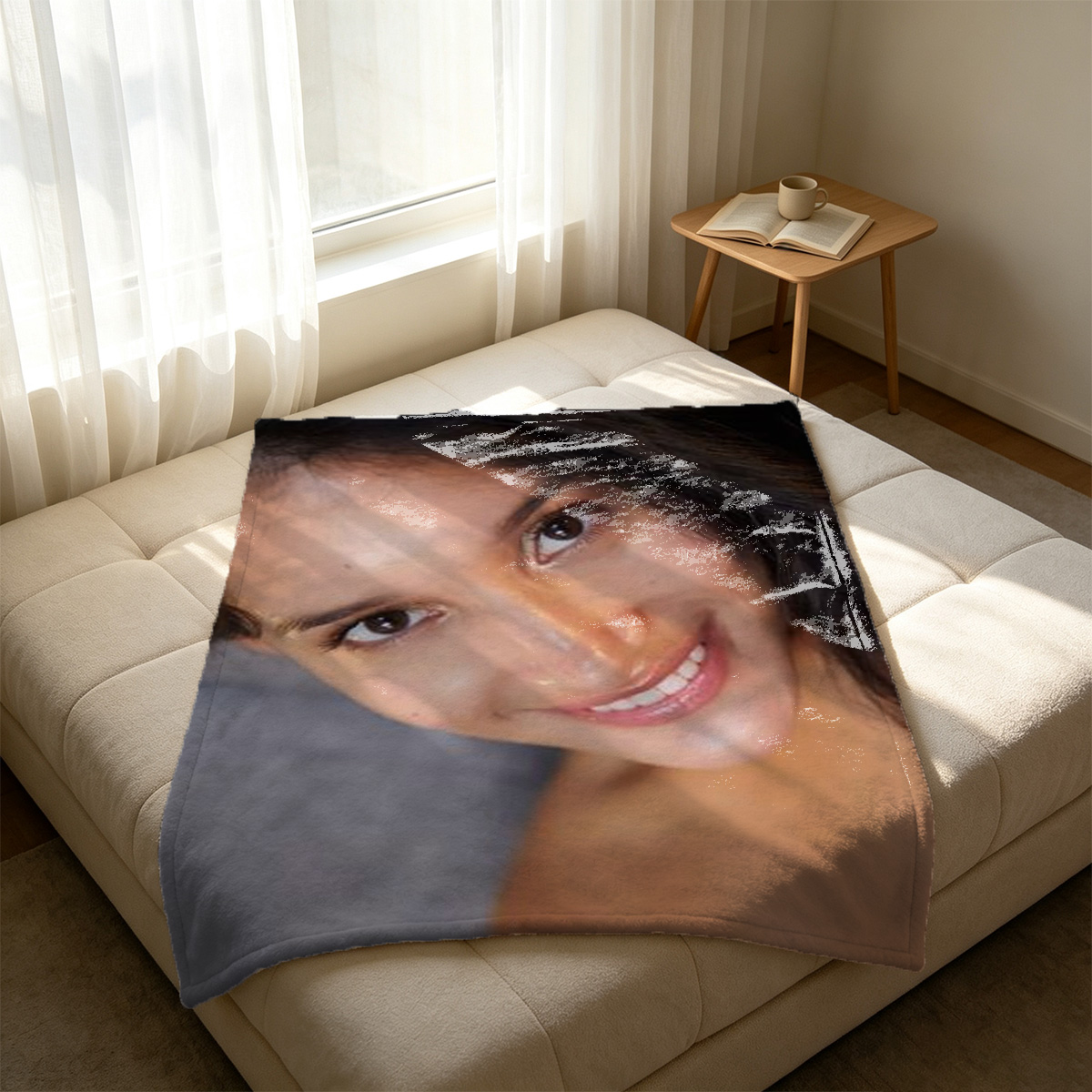 Nude Asian Woman Sitting on Bed with Laptop - Blanket