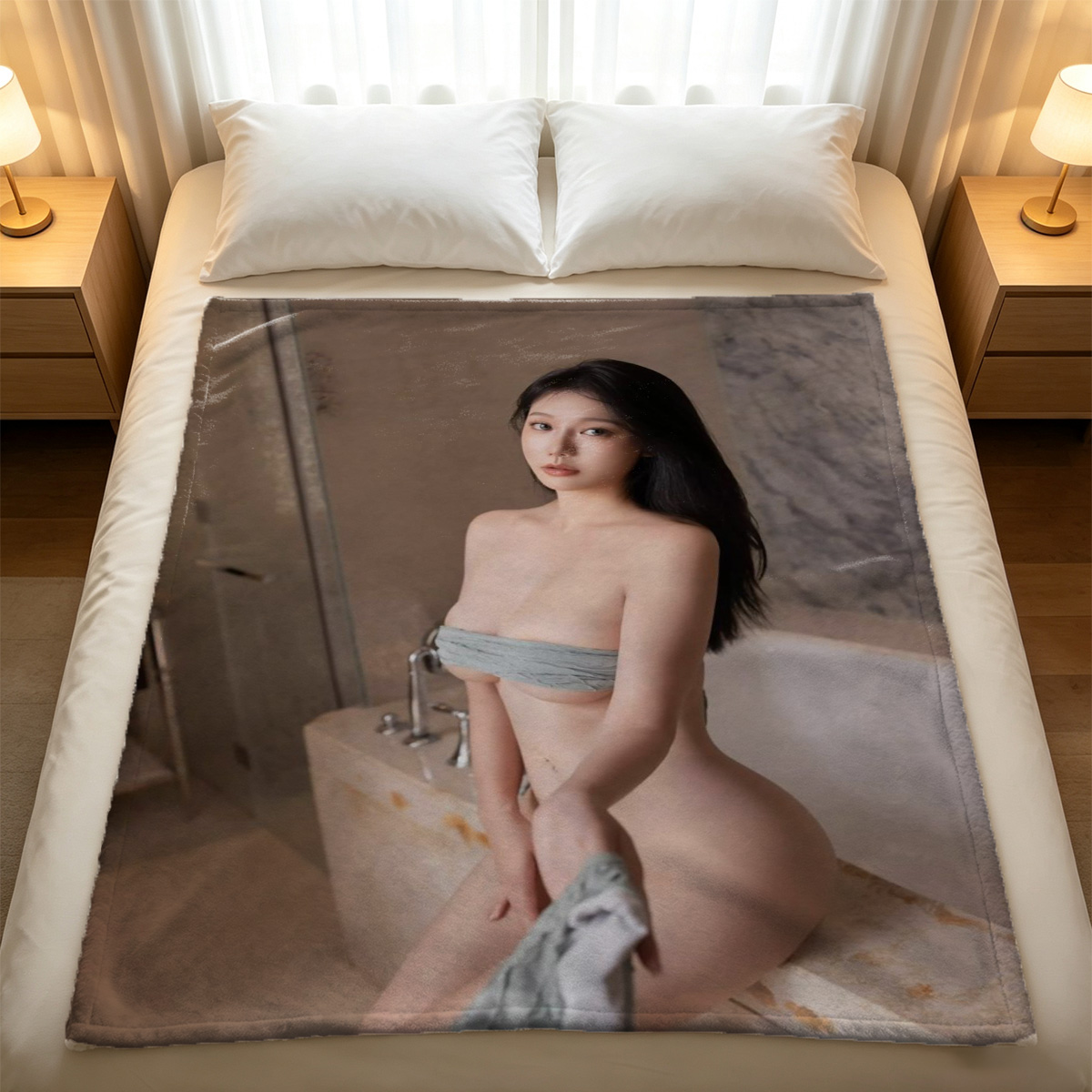 A seductive woman in black lace lingerie and mask poses by a Christmas tree. - Blanket