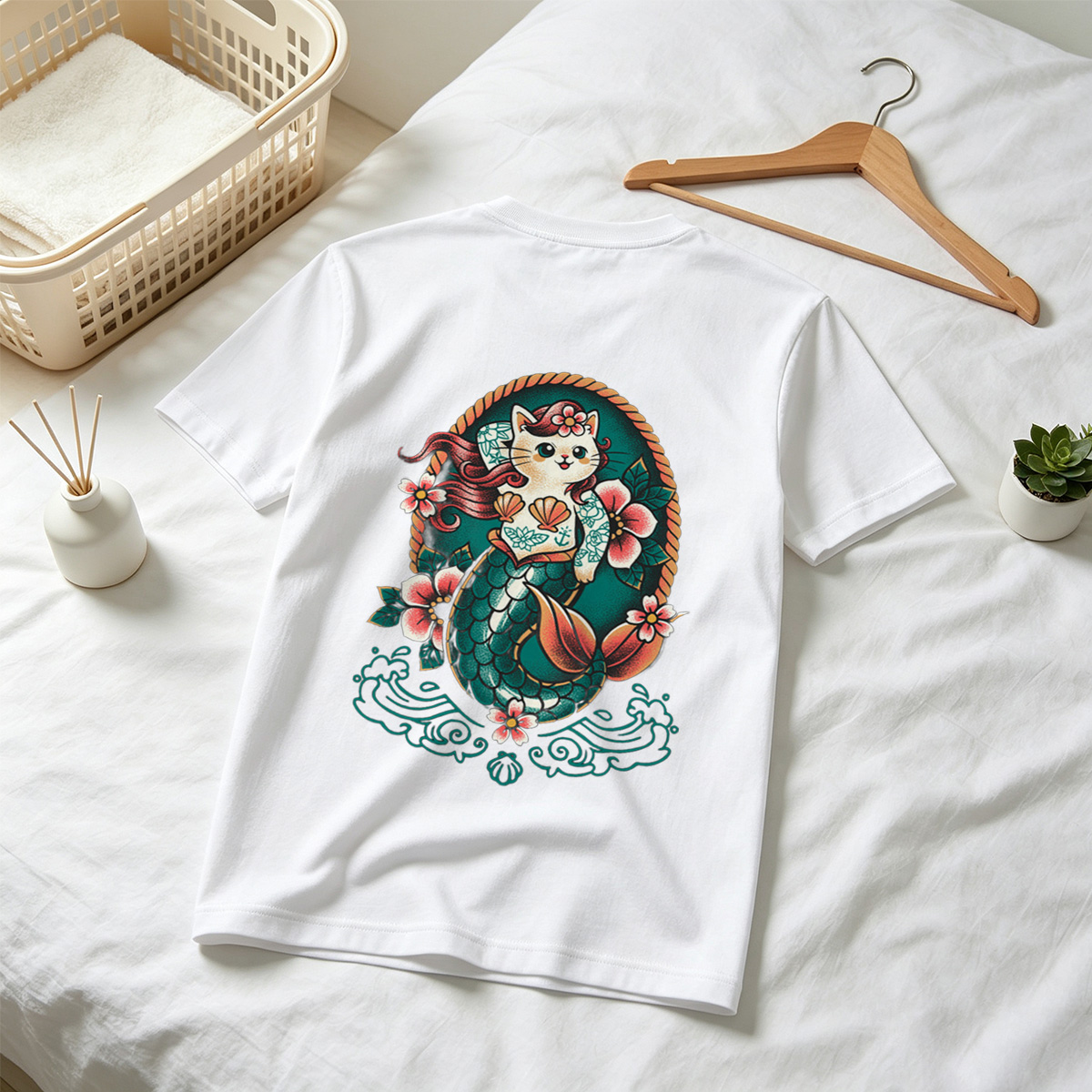 Mermaid Cat with Floral Design - Tee