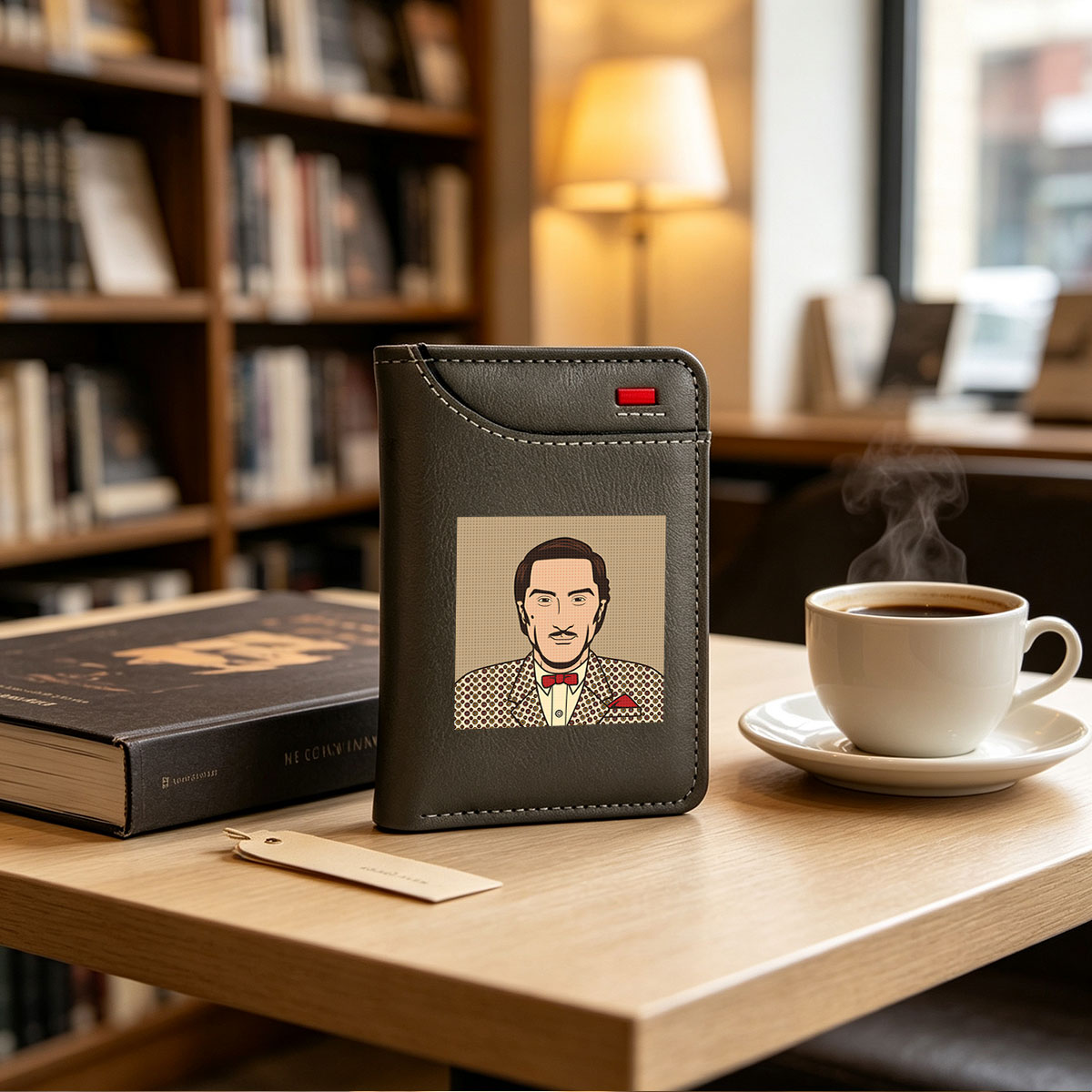 Dapper Gentleman in Patterned Suit and Red Bow Tie - Vertical Style Wallet