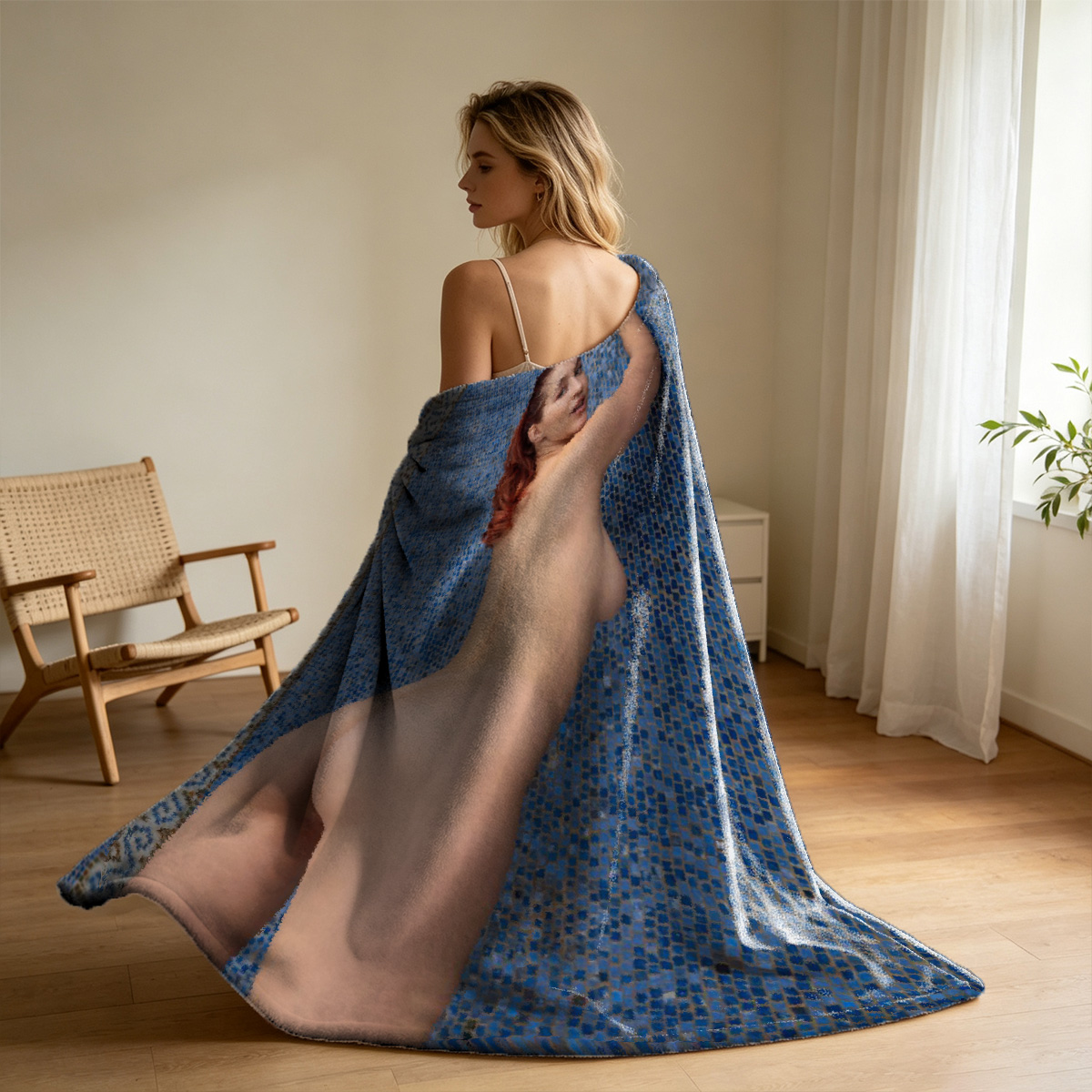 Nude woman with hair in a bun standing by a bathtub, back view. - Blanket