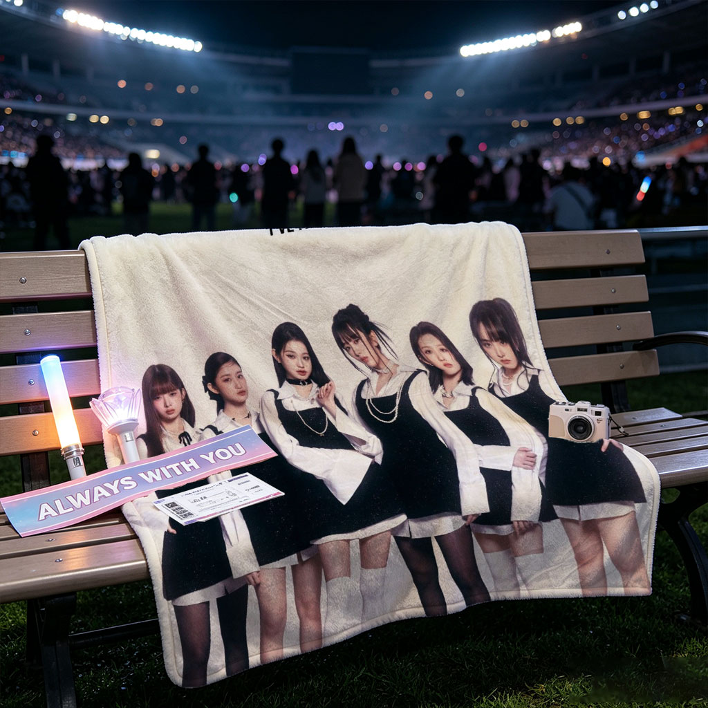IVE Group in Black and White Schoolgirl Outfits Standing Together on White Background - Blankets