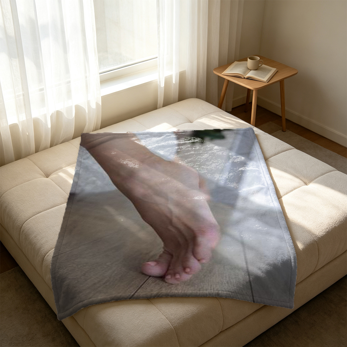 Nude Emma Watson lying on a grey couch with feet up, METART style - Blanket