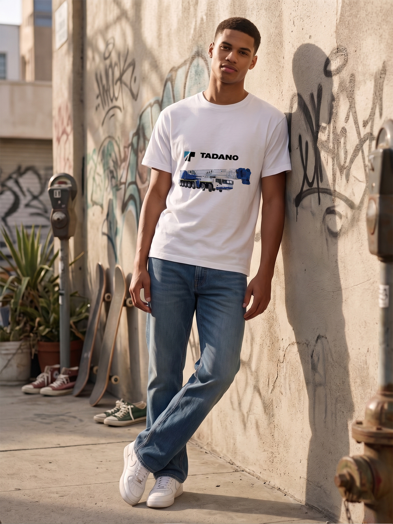 Men's Printed T-Shirt Featuring Tadano Crane Design and Logo - Casual Round Neck Lightweight Breathable Summer Short Sleeve Tee for Construction Enthusiasts, Heavy Equipment Lovers, and Outdoor Workers