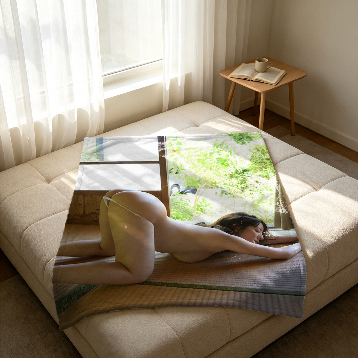 A woman in white lingerie posing seductively in a modern interior. - Blanket