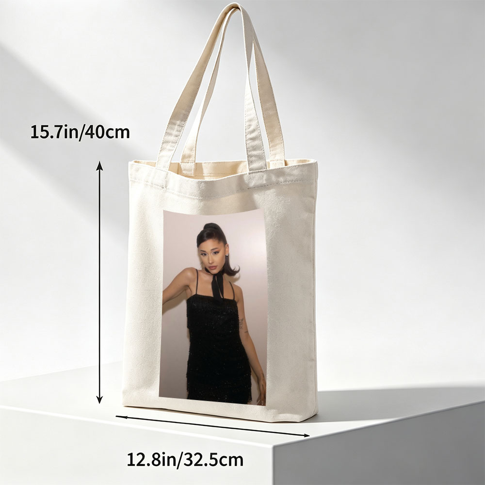 Ariana Grande in a Black Sparkle Dress with High Ponytail and Elegant Makeup - Canvas tote bags