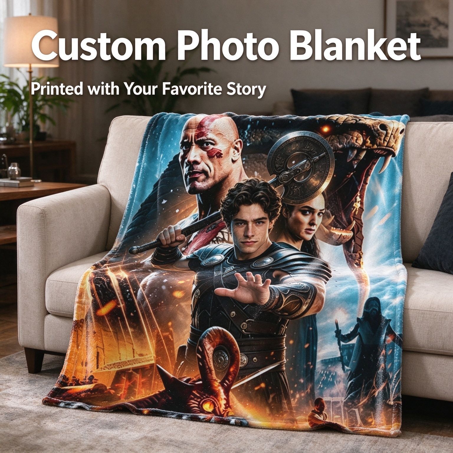Custom Photo Face Flannel Fleece Throw Blanket Personalized Epic Fantasy Warrior Poster Bed Couch Cozy Keepsake Gift