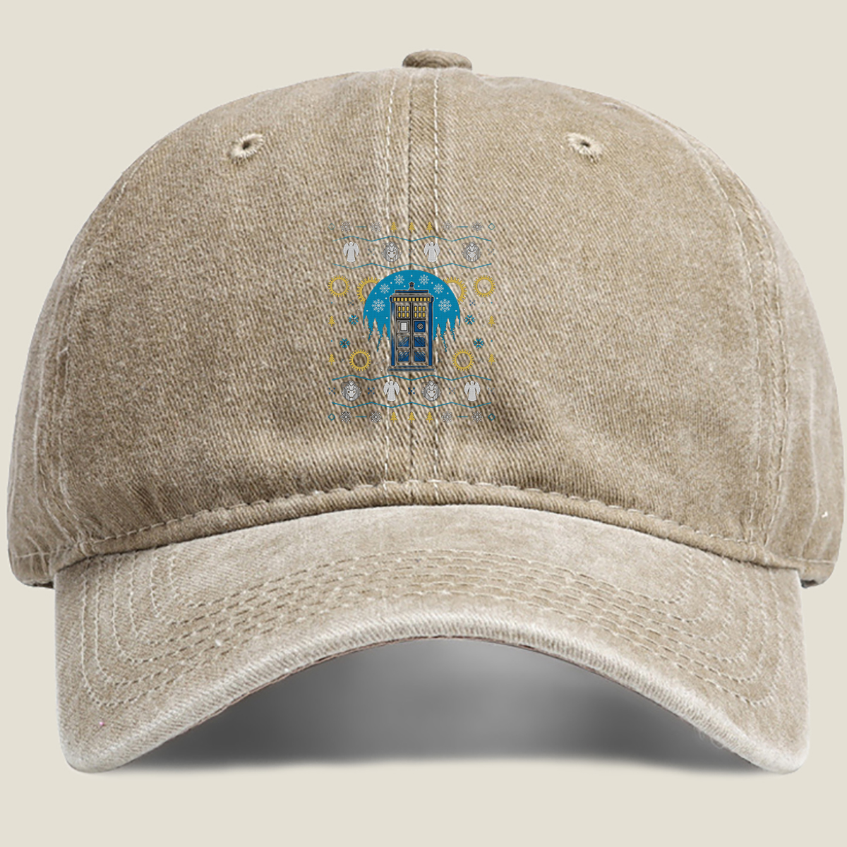 Doctor Who Christmas Sweater Design Featuring TARDIS, Weeping Angels, and Cybermen - Washed Denim - Baseball Cap