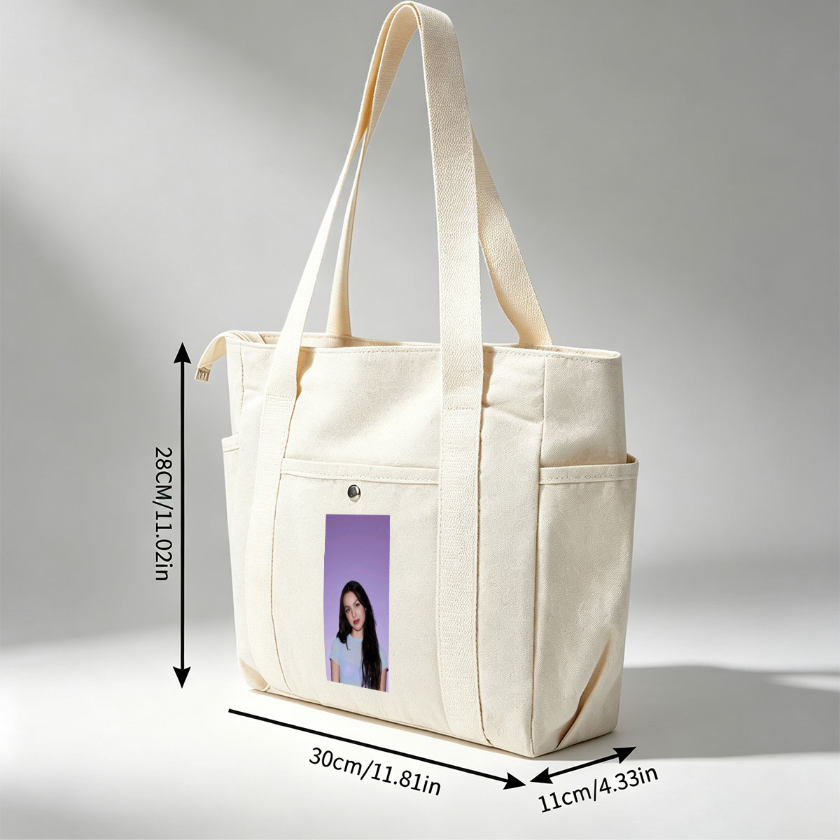 Olivia Rodrigo in a Soft Blue Top Against a Purple Gradient Background - Multi-pocket bags