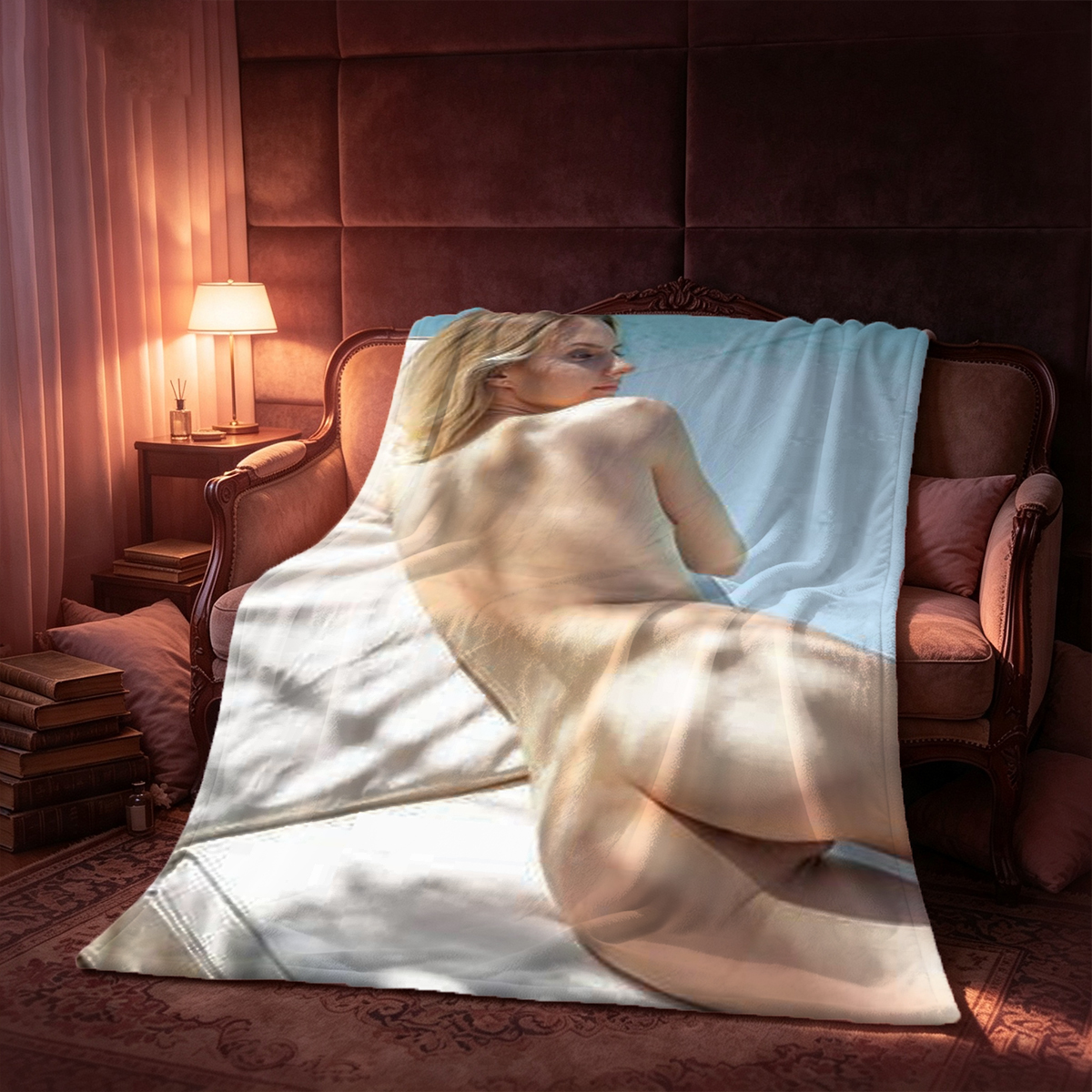 Nude Sophie Monk leaning over balcony railing with jeans and laundry below - Blanket