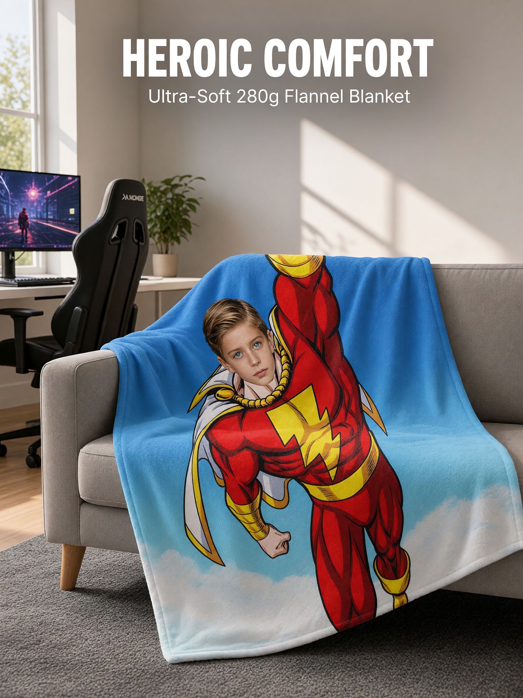 Custom Photo Superhero Flannel Blanket, Personalized Hero Face Soft Fleece Throw, Unique Cozy Gift for Kids and Fans