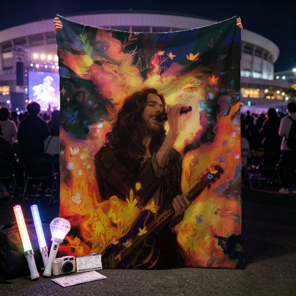 Hozier Performing with Guitar Amidst Vibrant Flames and Flowers Artwork - Blankets