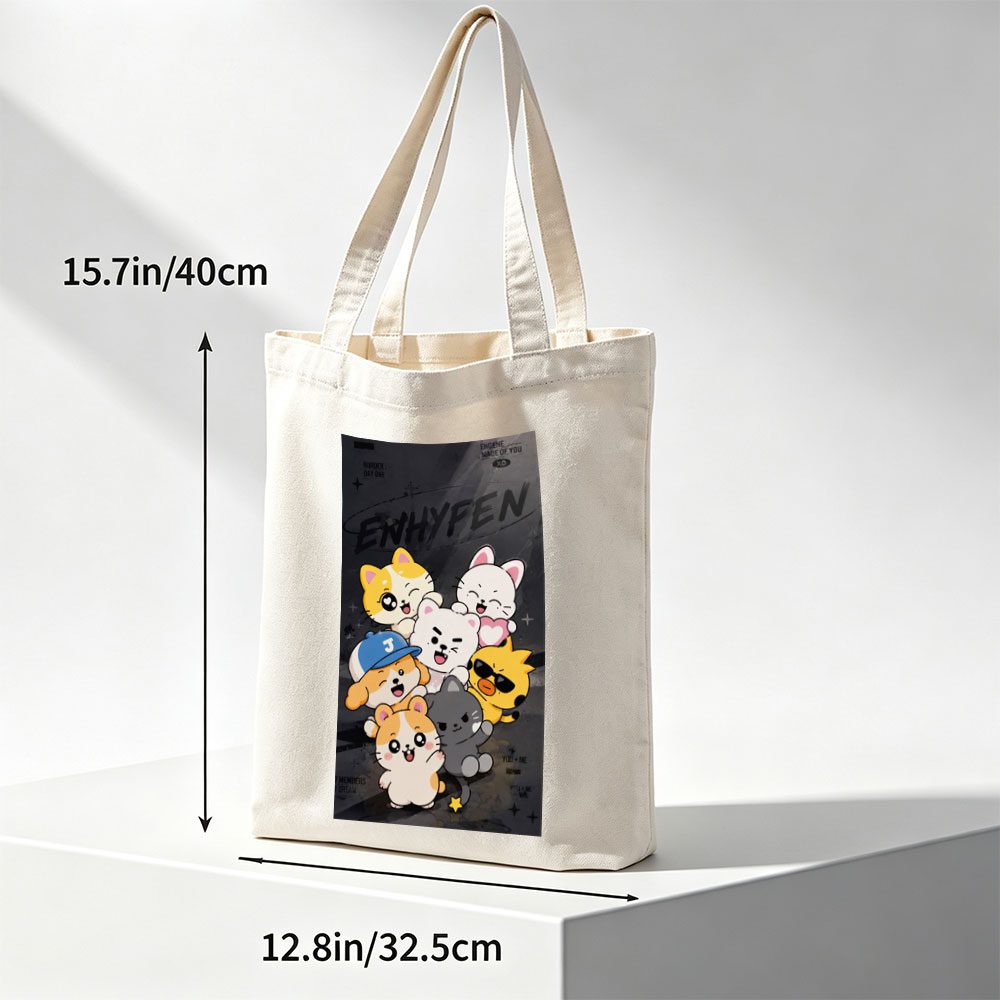 ENHYPEN Cute Cartoon Cats Group Pose on Dark Background Wallpaper - Canvas tote bags