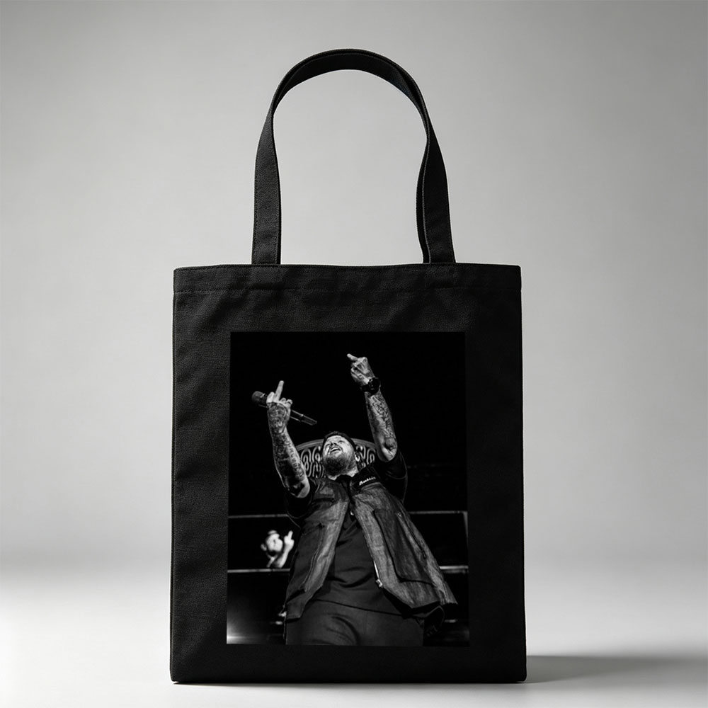 Luke Combs Performing on Stage with Tattooed Arms Raised in Black and White Photo - Canvas tote bags