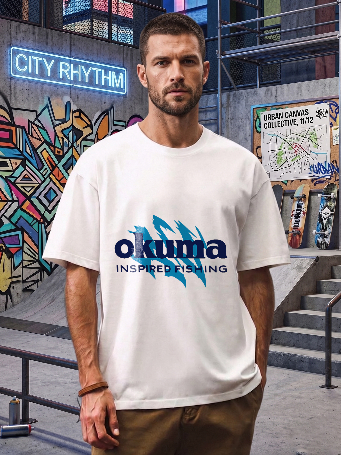 Men's Okuma Inspired Fishing Logo Print T-Shirt Casual Round Neck Summer Lightweight Breathable Short Sleeve Tee for Outdoor Fishing Enthusiasts and Angling Lovers