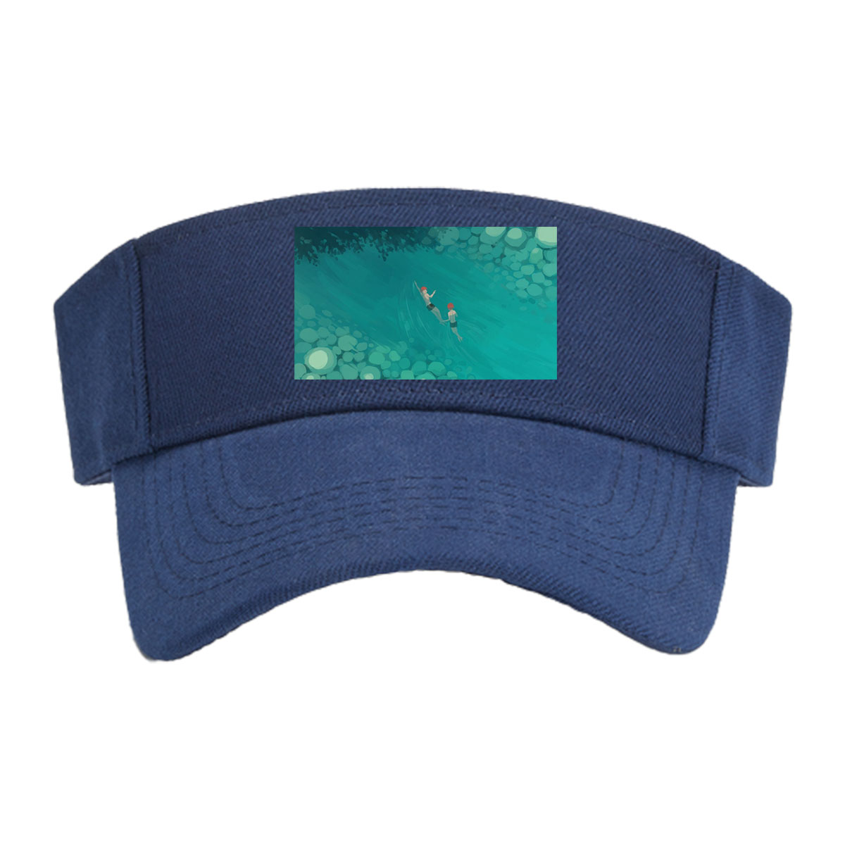 Two swimmers glide through a serene, rocky underwater tunnel. -  Visor cap