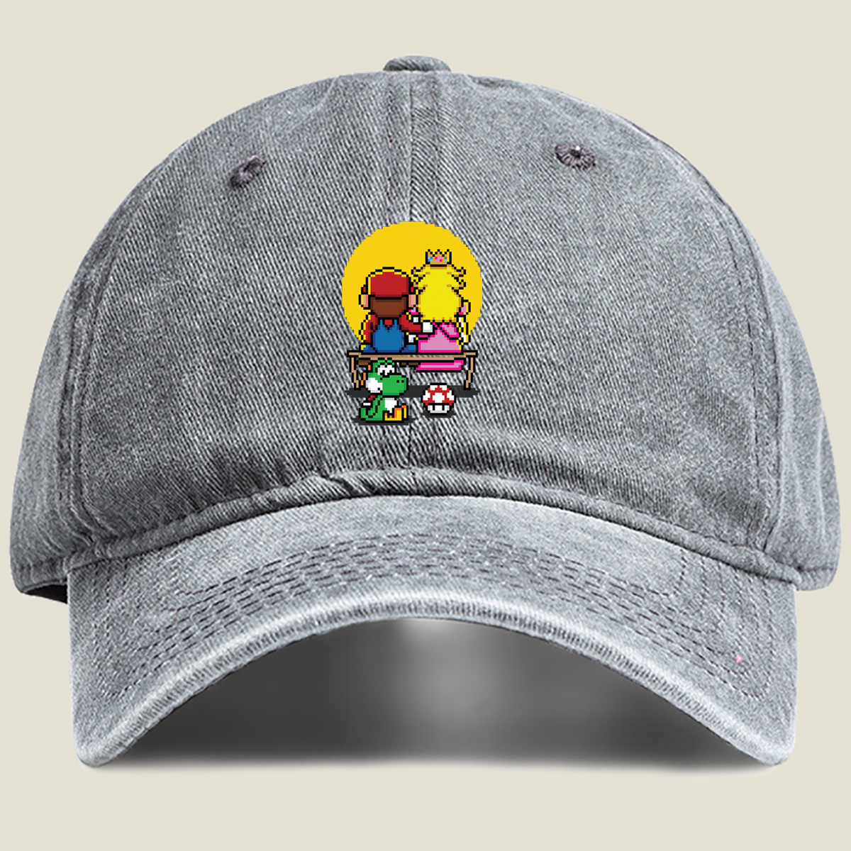Mario and Peach Pixel Art with Yoshi and Mushroom - Washed Denim - Baseball Cap