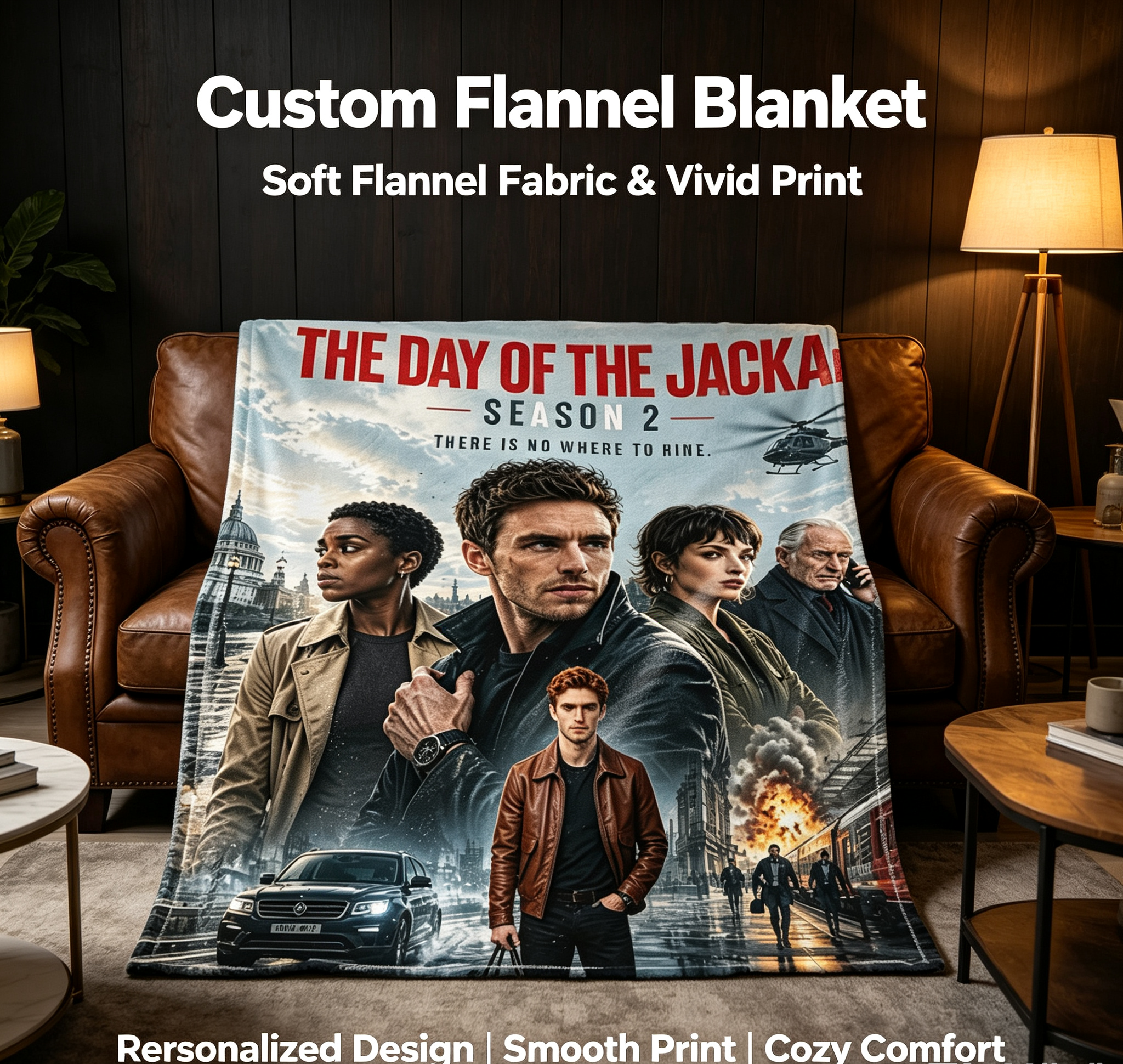 Custom Face Blanket The Day of the Jackal Season 2 Flannel Blanket Perfect for Fans of Eddie Redmayne and Lashana Lynch Ideal for Couch Watching or as a Unique Gift or Giveaway