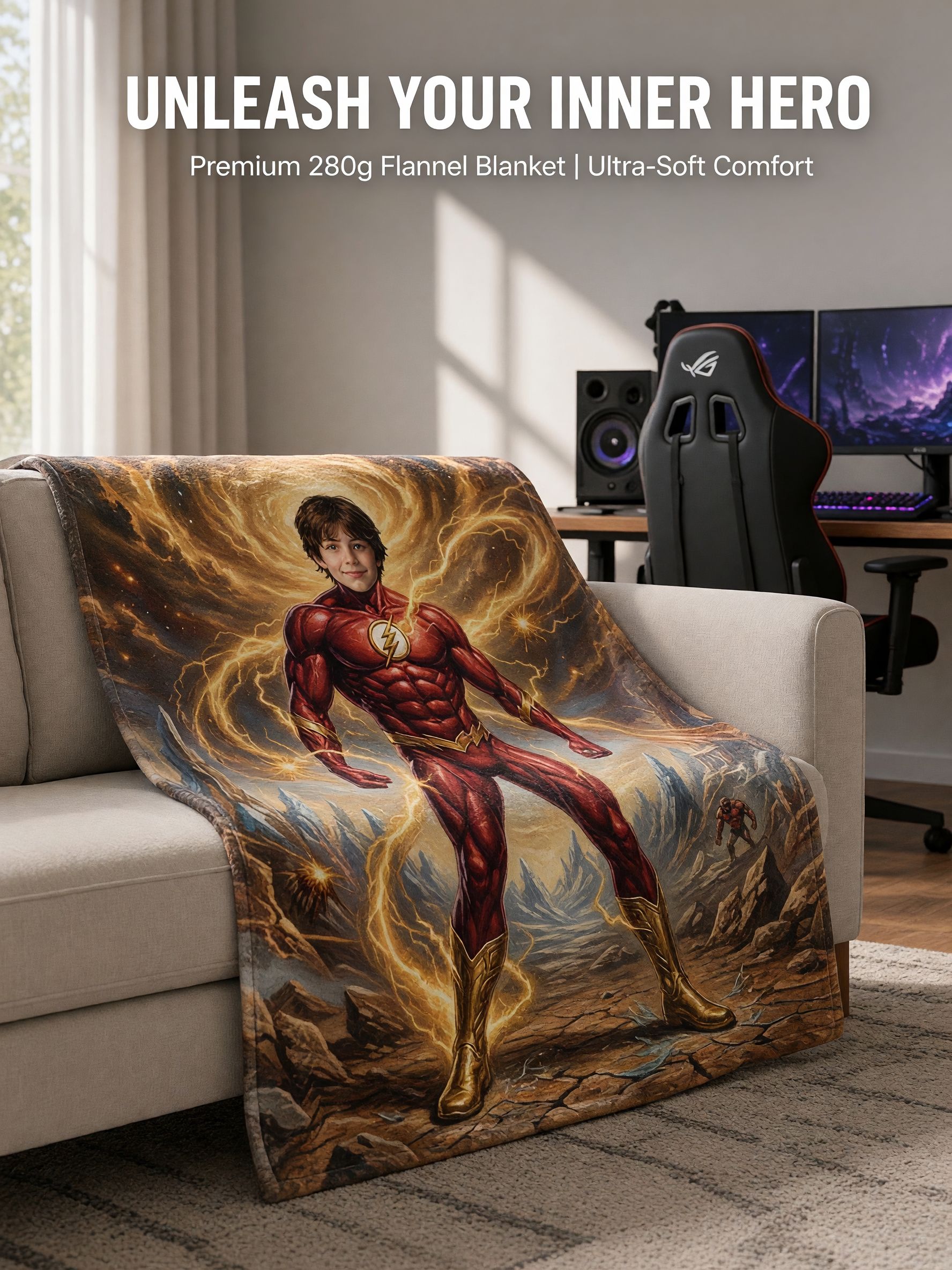 Custom Photo Face Superhero Flannel Fleece Blanket, Ultra Soft Personalized Throw With Lightning Hero Art For Bed