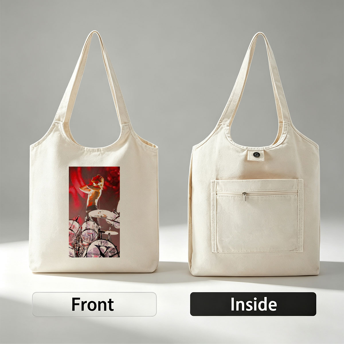 Yoshiki of X Japan on Stage Performing with Drum Set in Intense Red Lighting - Canvas shoulder bags/