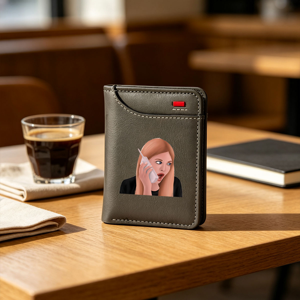 Surprised Woman on Phone Call - Vertical Style Wallet