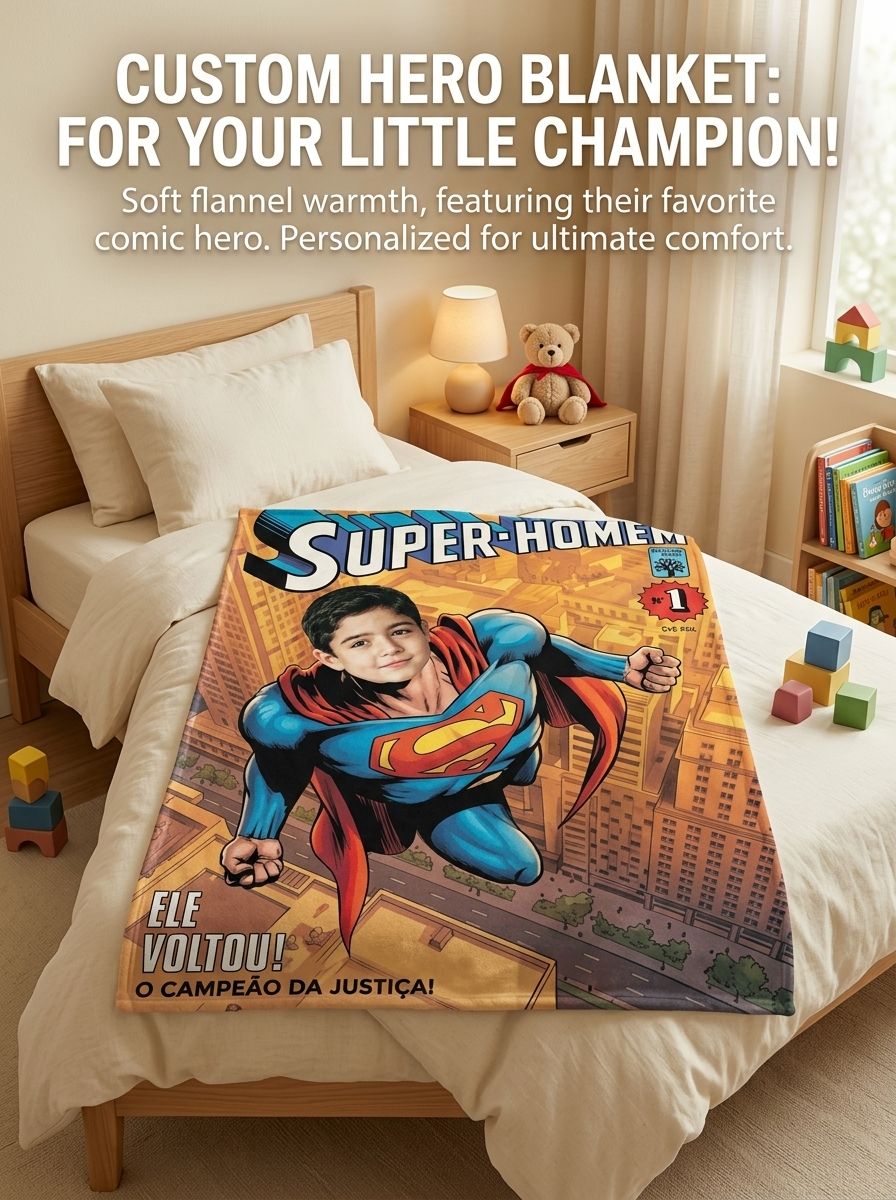 Custom Photo Face Superhero Comic Flannel Blanket Personalized Ultra Soft Fleece Throw for Kids and Adults