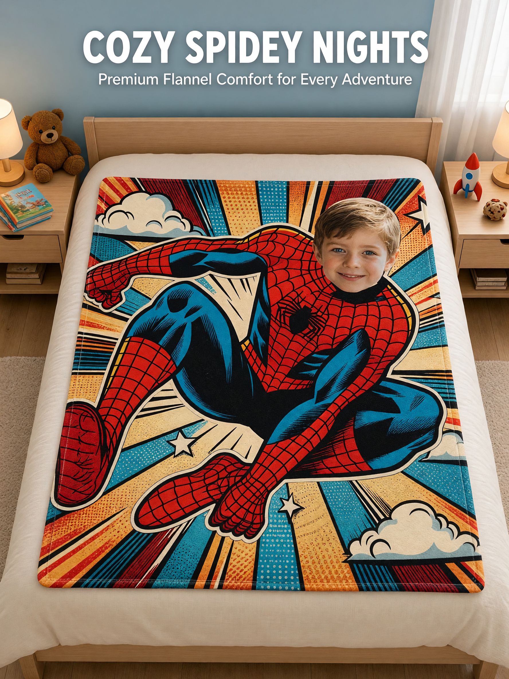 Custom Face Superhero Blanket Personalized Comic Book Flannel Throw Cozy Skin Friendly Fleece Bed Couch Gift for Kids