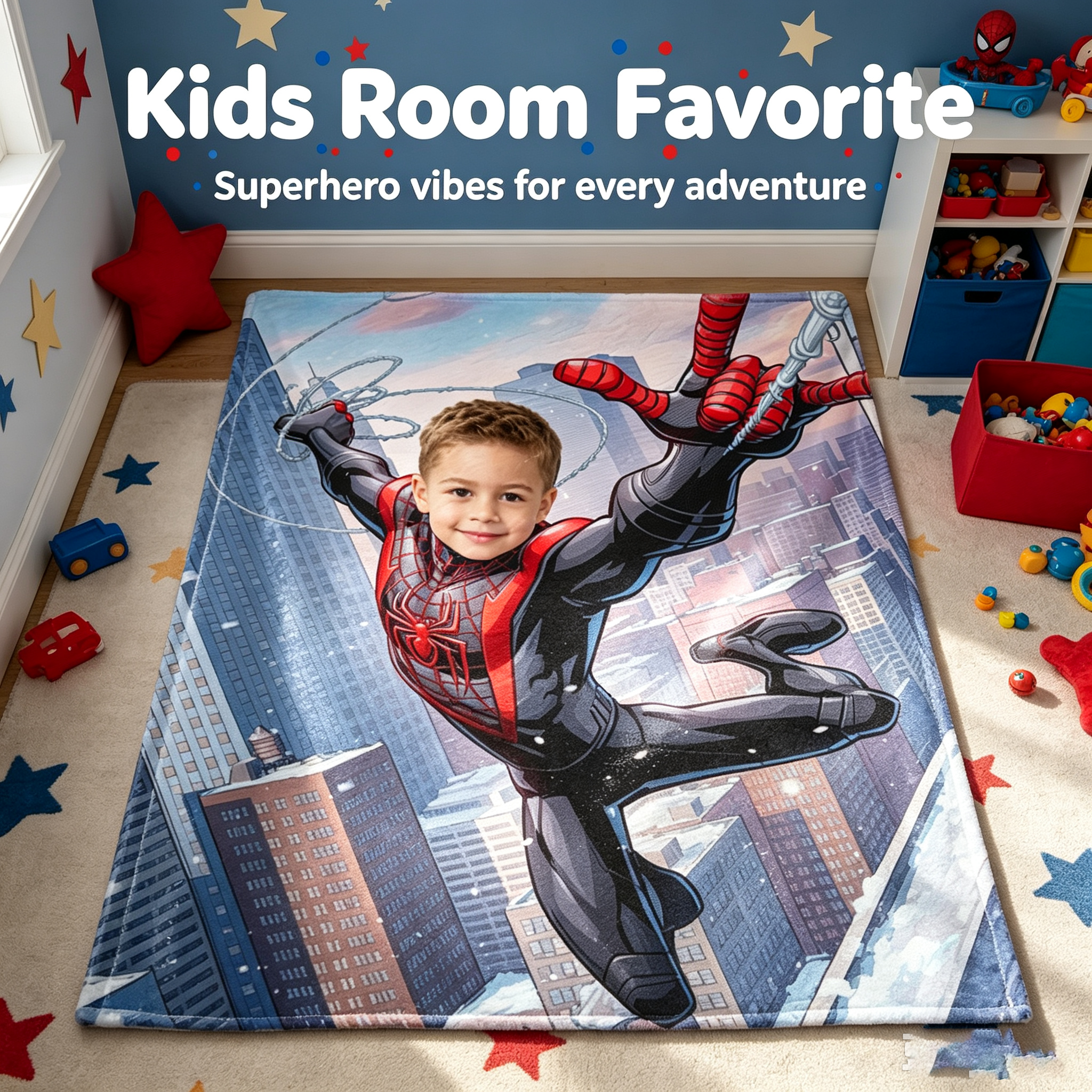 Custom Spider‑Man Miles Morales Photo Blanket, Personalized Kids Blanket Upload Photoa，Thick Flannel Throw Blanket, Superhero Custom Portrait Blanket, Birthday Gift for Boys