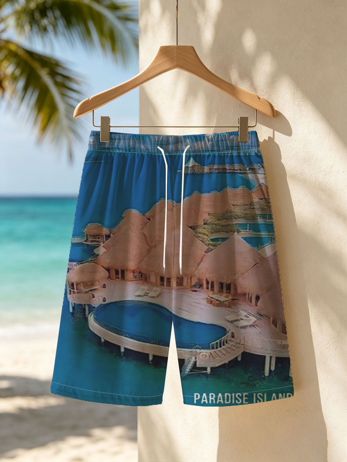 Overwater bungalows with private pools on a tropical island, surrounded by crystal blue waters and lush greenery. -  Beach shorts
