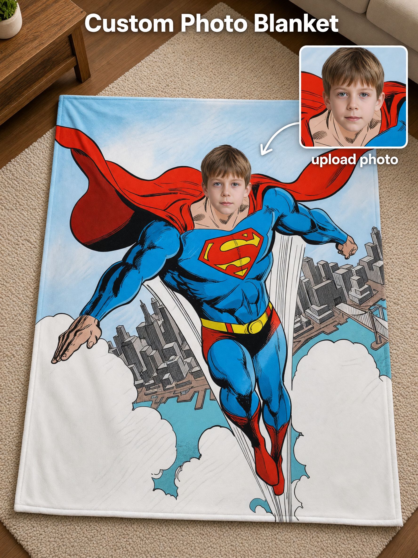 Custom Face Superhero Blanket, Ultra-Soft Flannel Comic Flying Hero Throw, Ideal Personalized Gift for Kids and Adults