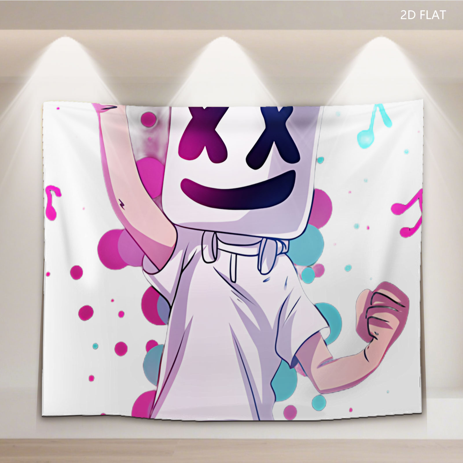 Marshmello Performing with Microphone, Music Notes, and Colorful Background - Tapestry