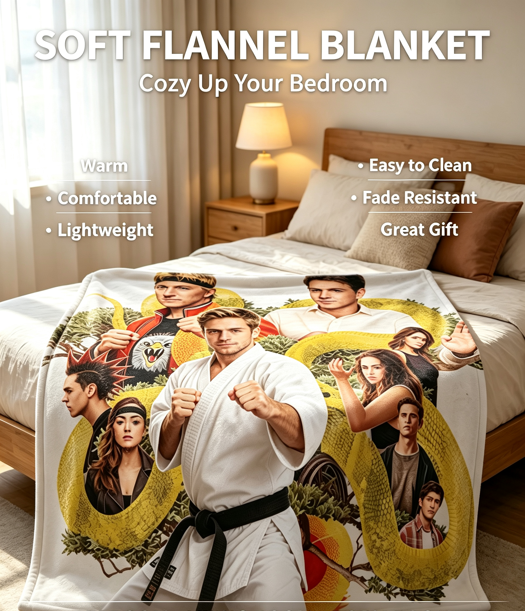 Custom Face Blanket - Cobra Kai Karate Kid Inspired Flannel Blanket for Fans, Perfect for Couch Cozy Nights and Birthday Gift Ideas
