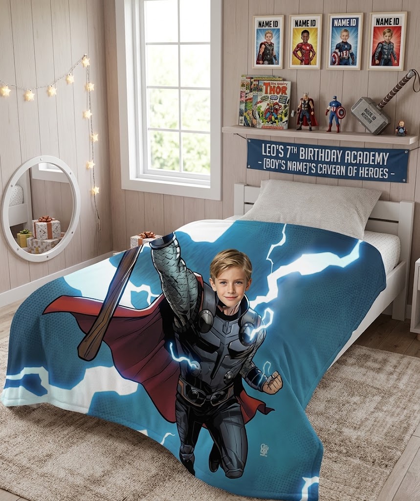 Custom Photo Thor Blanket, Upload Your Kid Photo Personalized Marvel Superhero Fleece Throw Blanket, Custom Kids Bed Sofa Birthday Gift
