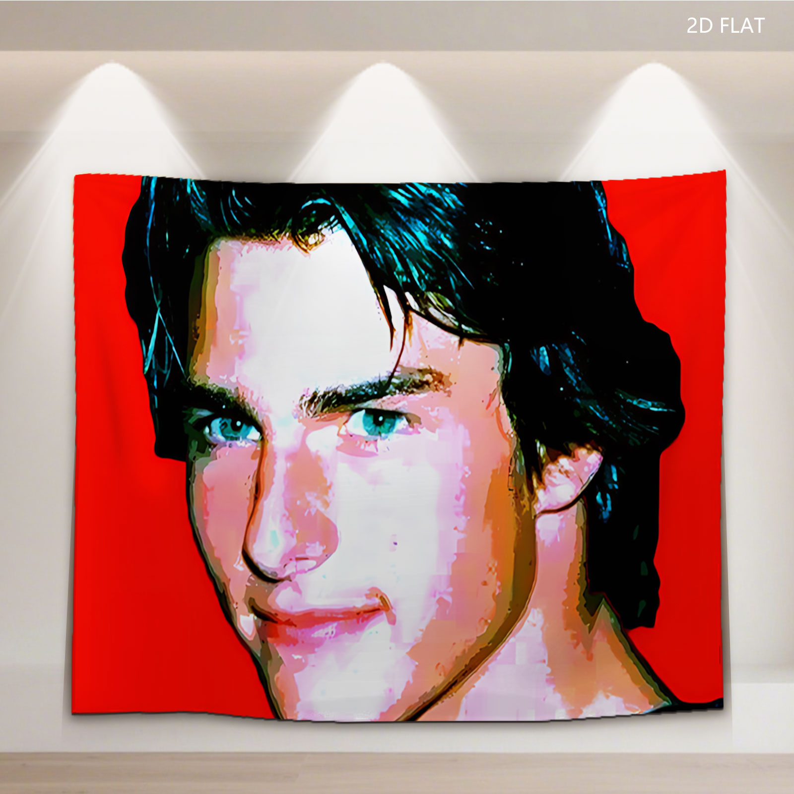 Tom Cruise in a stylized portrait with vibrant red background - Tapestry