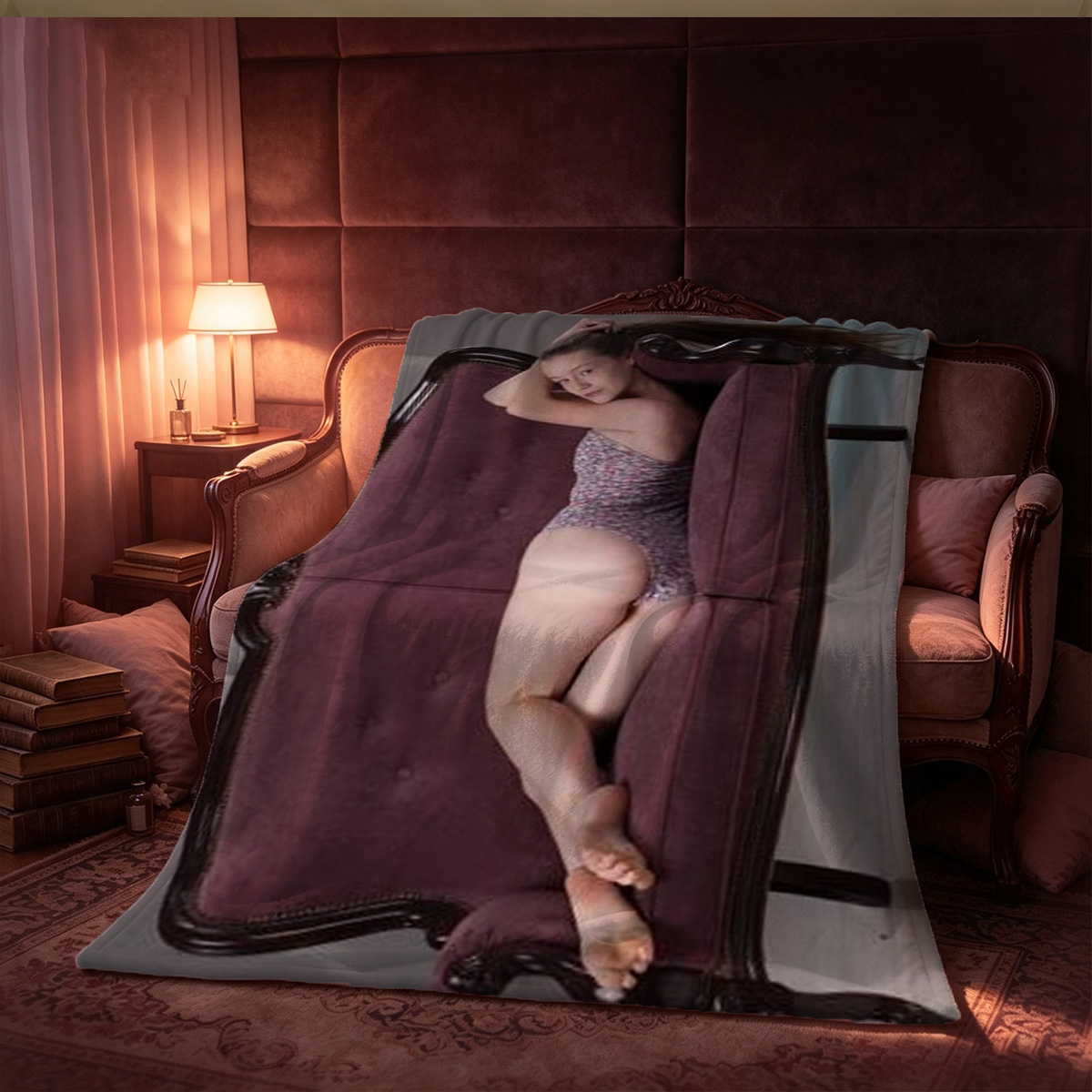 Two Elegant Asian Women in Sexy Nurse and Bondage Lingerie Posing Seductively Under Chandelier - Blanket