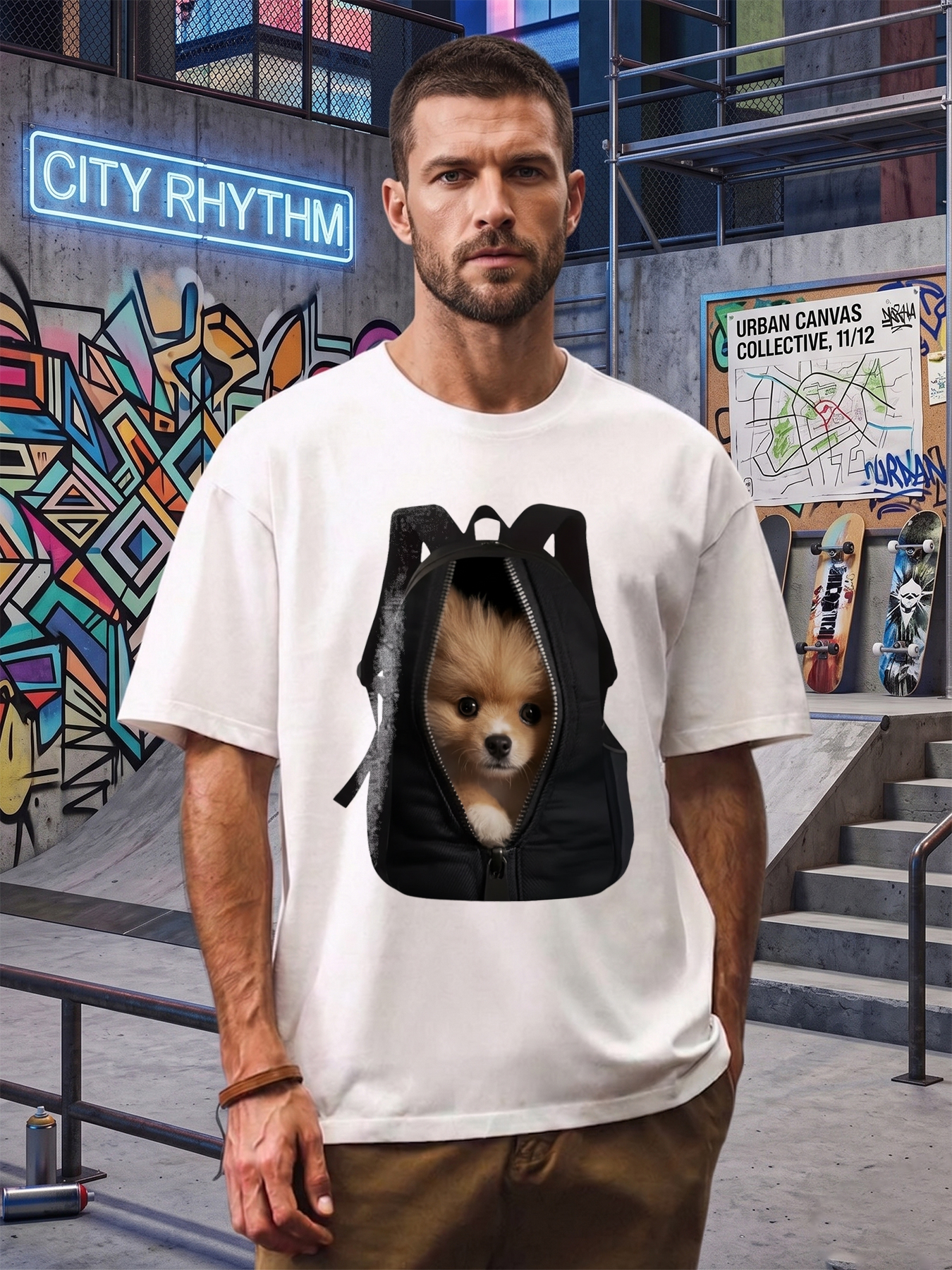 Men's Printed T-Shirt Dog in Backpack Design Casual Round Neck Summer Lightweight Breathable Short Sleeve T-Shirt for Outdoor Travel and Daily Wear Adults