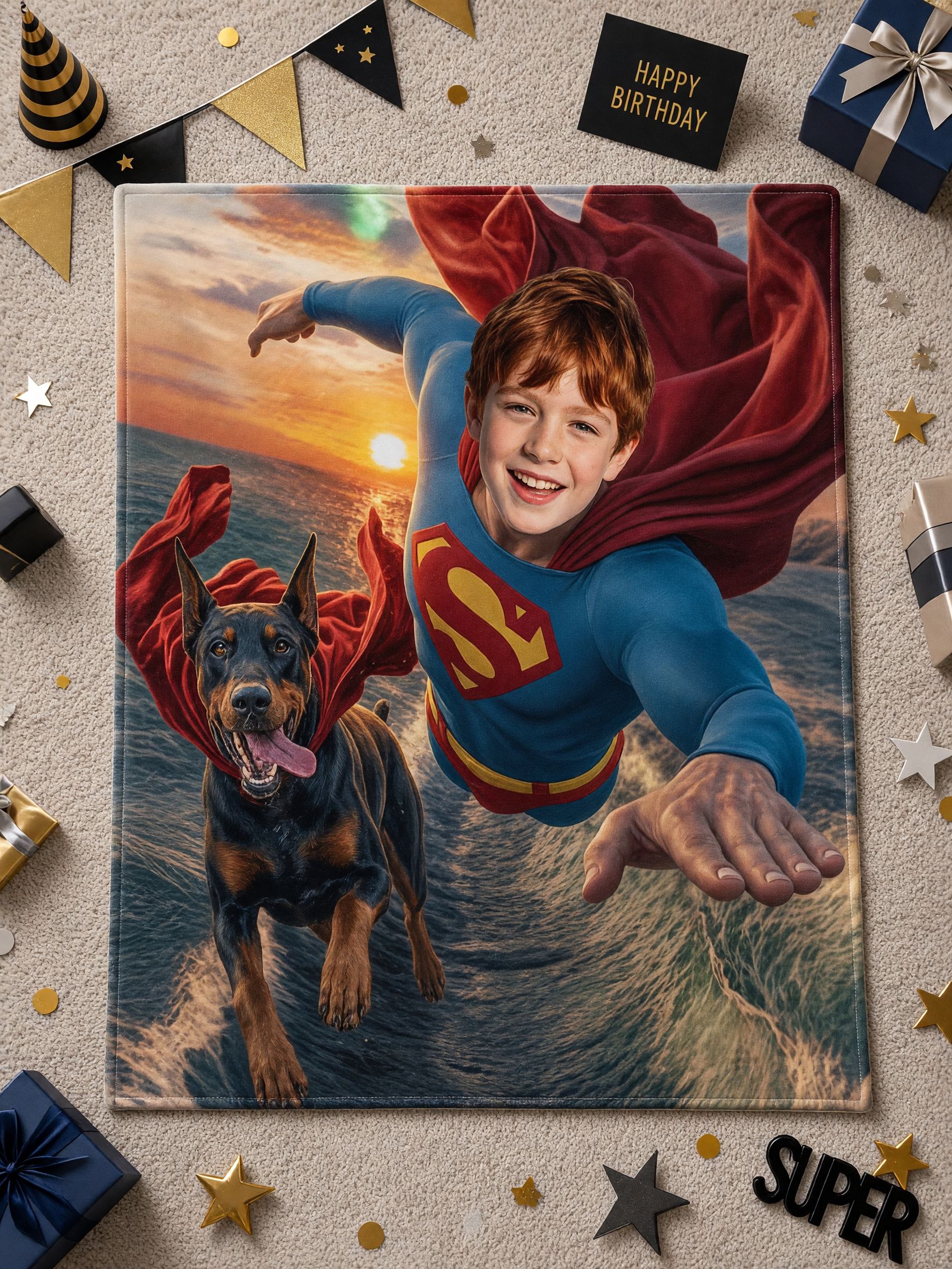 Custom Photo Face Blanket Personalized Superhero Flying Theme Soft Flannel Fleece Throw Keepsake Gift for Kids and