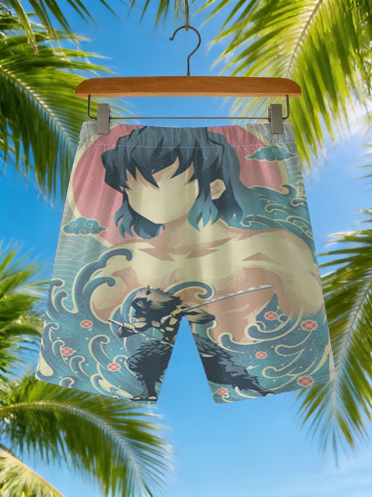 Inosuke Hashibira from Demon Slayer: Kimetsu no Yaiba, depicted in a dynamic pose with his twin swords, set against a stylized wave and sun background. -  Beach shorts