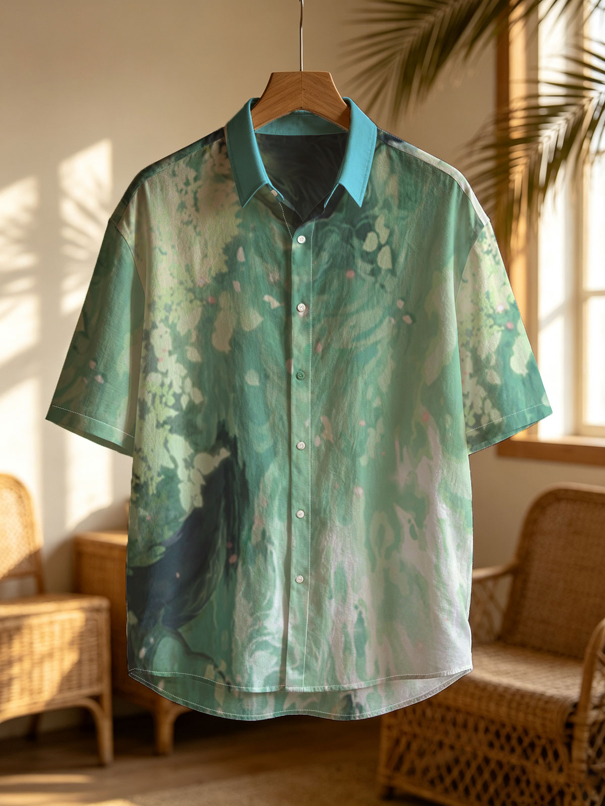 A woman floats gracefully in emerald waters, surrounded by blooming flowers and gentle ripples. -  Shirt
