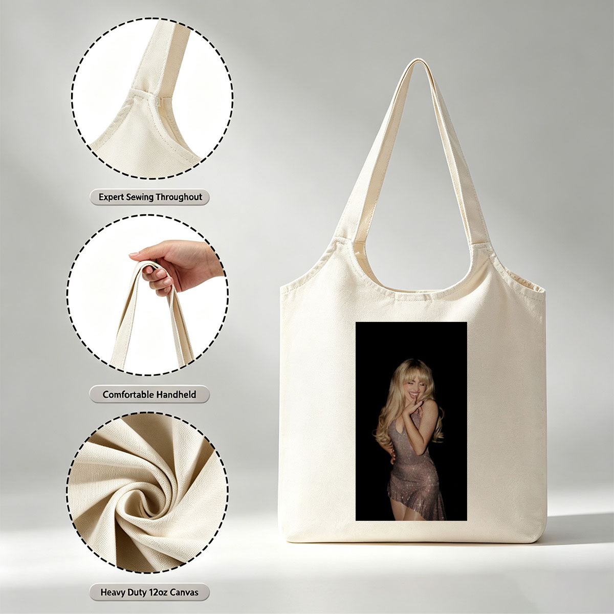 Sabrina Carpenter in a Sparkling Dress Posing with a Smile Against a Black Background - Canvas shoulder bags/