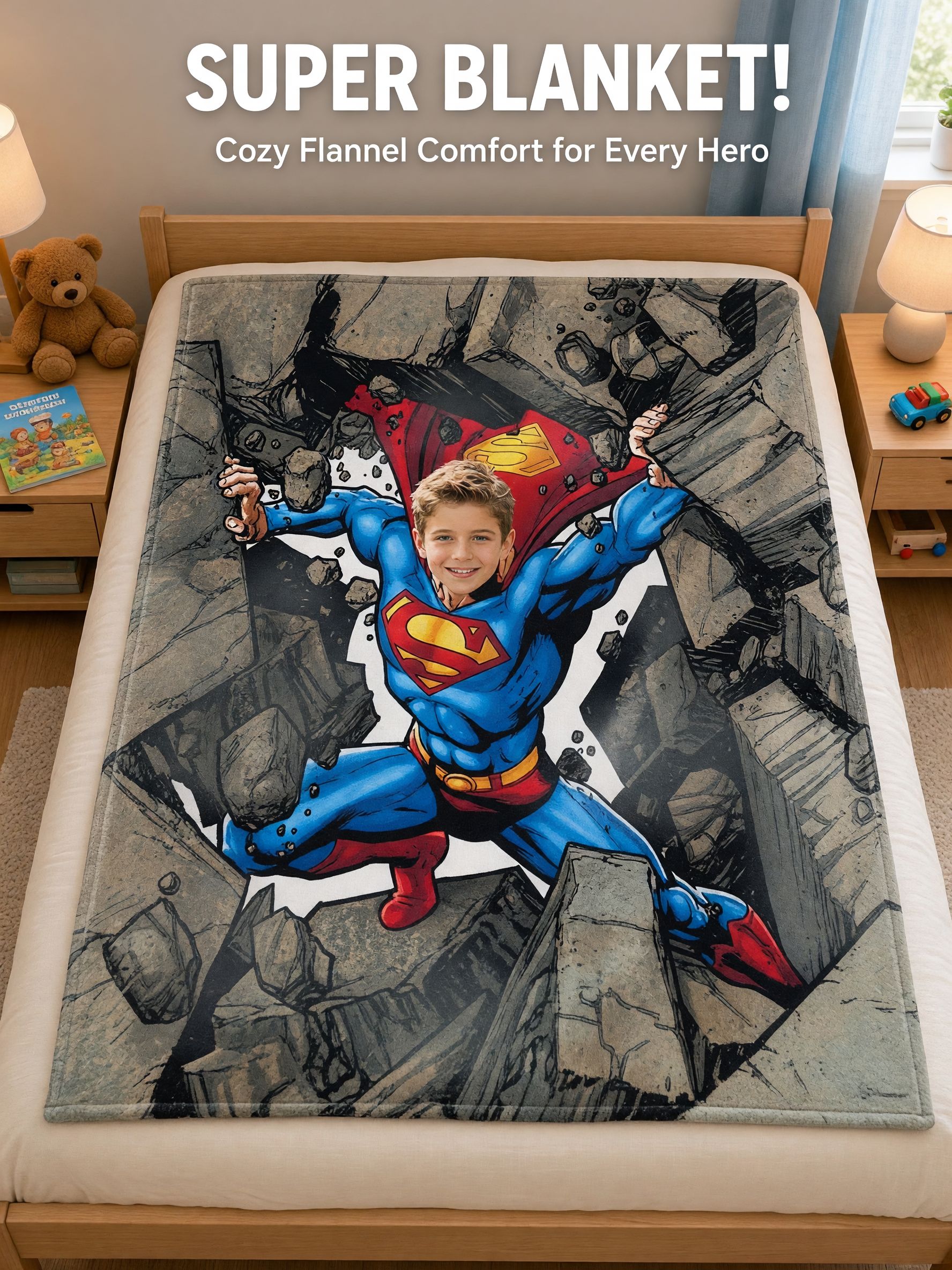 Custom Superhero Photo Face Blanket Ultra Soft Anti Pilling Flannel Throw Personalized Bed and Couch Keepsake Gift