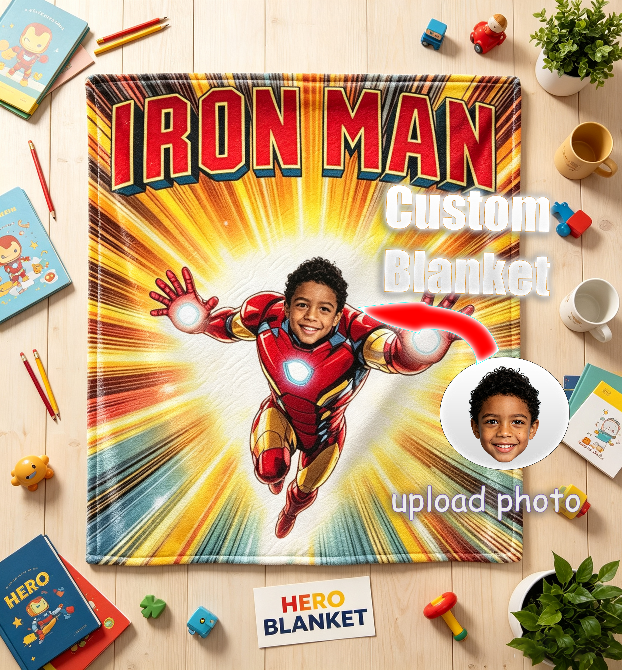 Personalized Custom Face Iron Man Blanket, Upload Photo Superhero Fleece Throw Blanket, Birthday Holiday Gift for Boys Kids