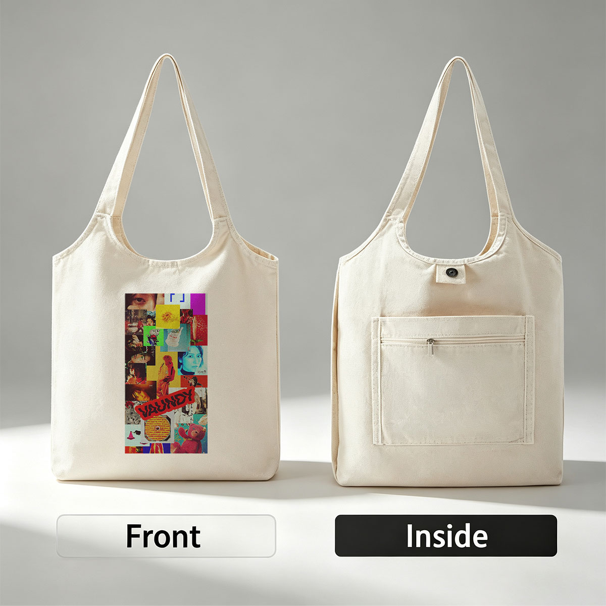 Vaundy Music Video Collage Featuring Colorful Artwork and Pop Culture Imagery - Canvas shoulder bags/