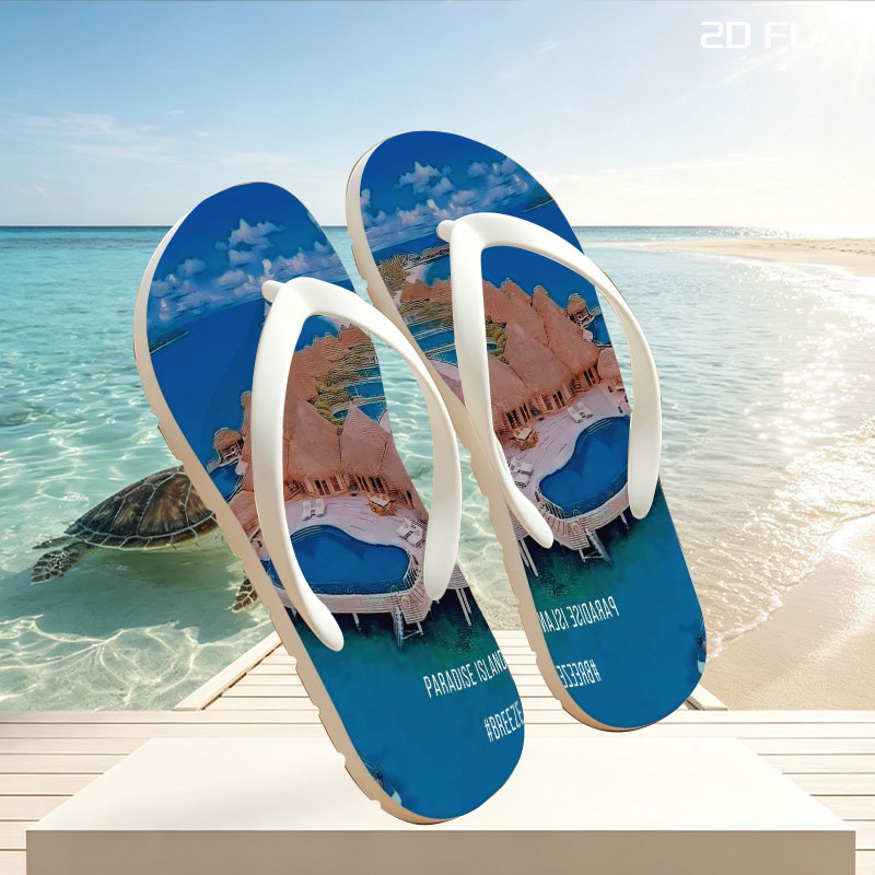 Overwater bungalows with private pools on a tropical island, surrounded by crystal blue waters and lush greenery. -  flip-flops