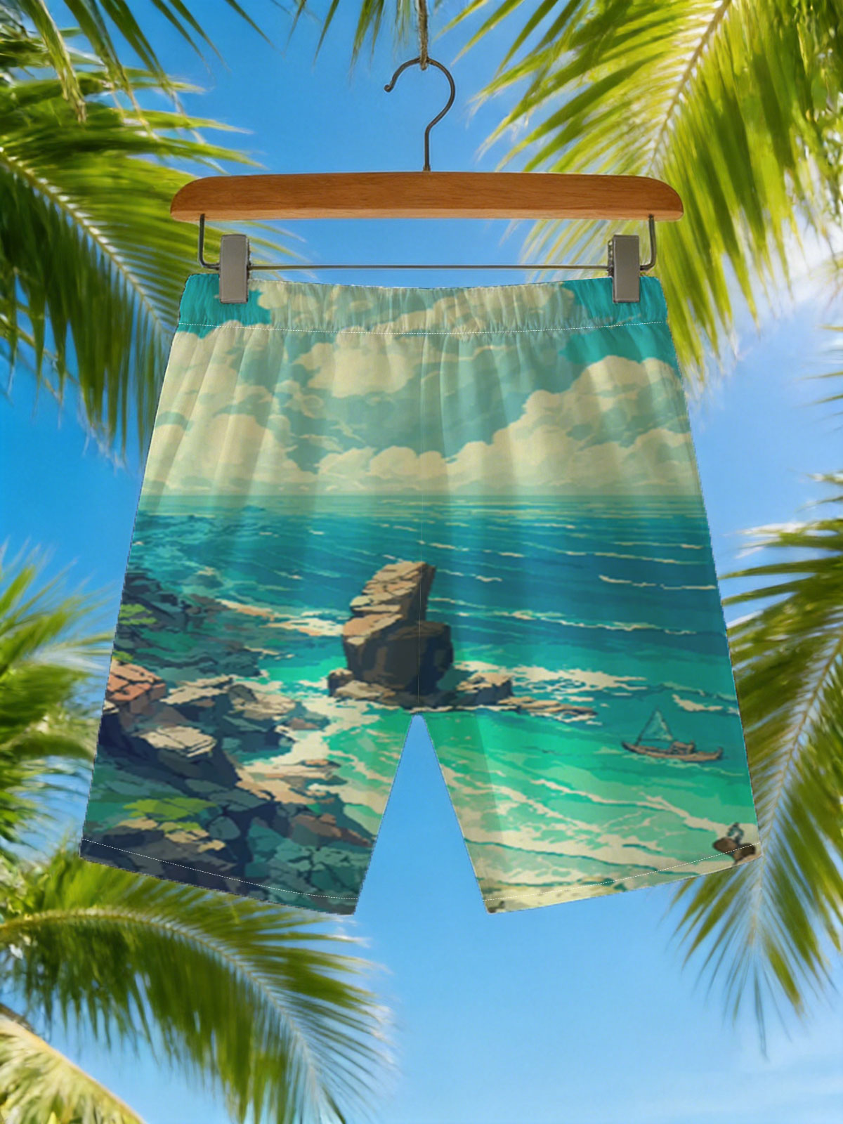 Coastal Landscape with Rocky Shore and Sailboat -  Beach shorts