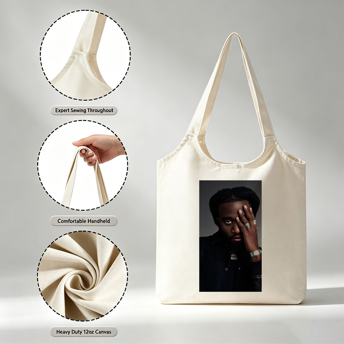 Kendrick Lamar Portrait with Hand on Face and Silver Jewelry - Canvas shoulder bags/