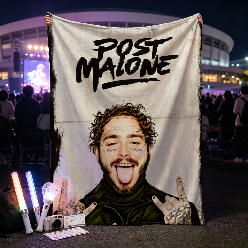 Post Malone Rocking the Peace Sign with Tongue Out in a Tattooed, Edgy Look - Blankets