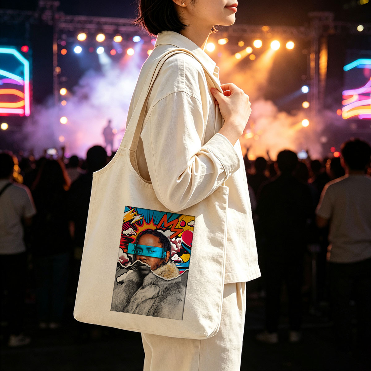 Kendrick Lamar in a Fur Coat with Comic-Style Background and Blue Eye Mask - Canvas shoulder bags/